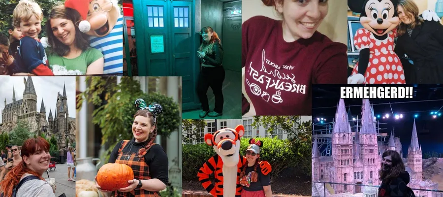Collage of images of Rachel showing her love of Disney, Dr Who, Harry Potter and Lord of the Rings