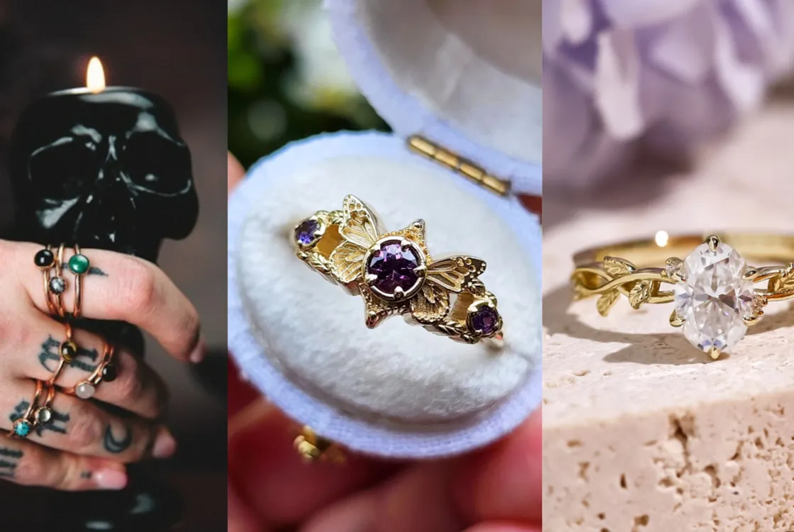 3 different styles of wedding rings, 1 is a dark photo with a skull shaped candles and the hand is wearing multiple rings with different coloured stones, 1 is a gold ring with a purple stone and is shaped like a butterfly, 1 is a gold ring in a vine and leaf design with a clear gem