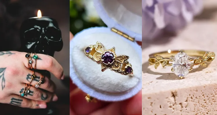 3 different styles of wedding rings, 1 is a dark photo with a skull shaped candles and the hand is wearing multiple rings with different coloured stones, 1 is a gold ring with a purple stone and is shaped like a butterfly, 1 is a gold ring in a vine and leaf design with a clear gem