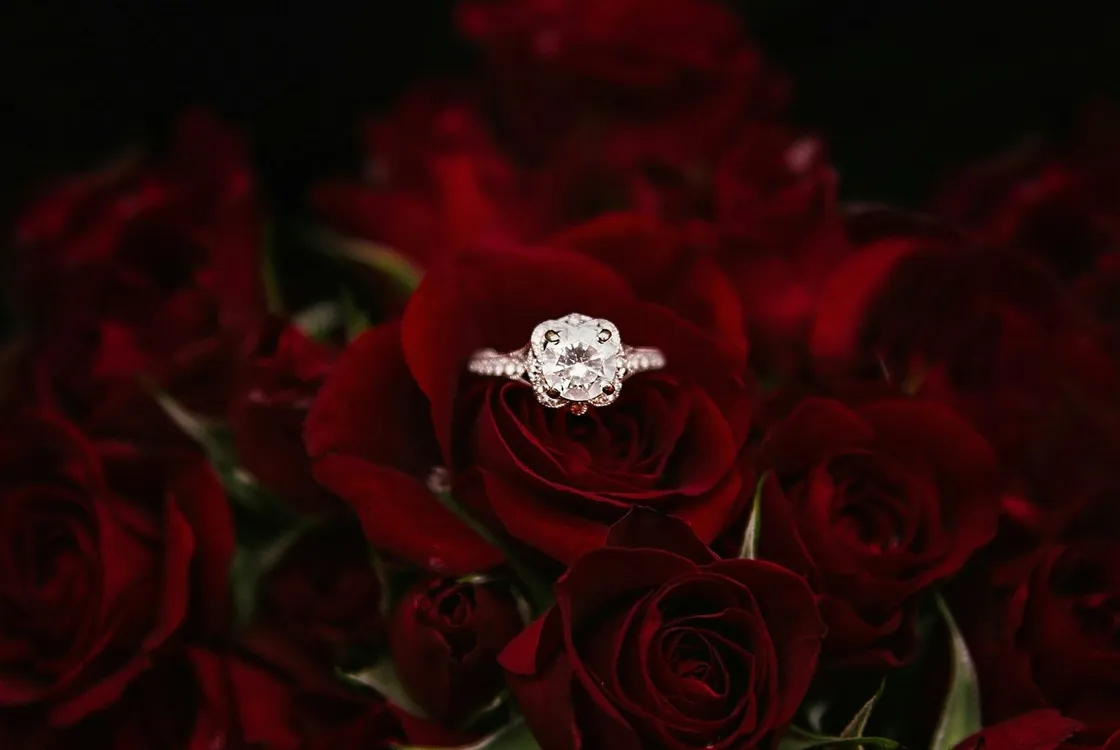 silver and diamond engagement ring on top of red roses