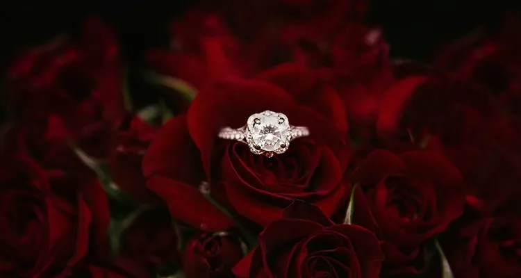 silver and diamond engagement ring on top of red roses