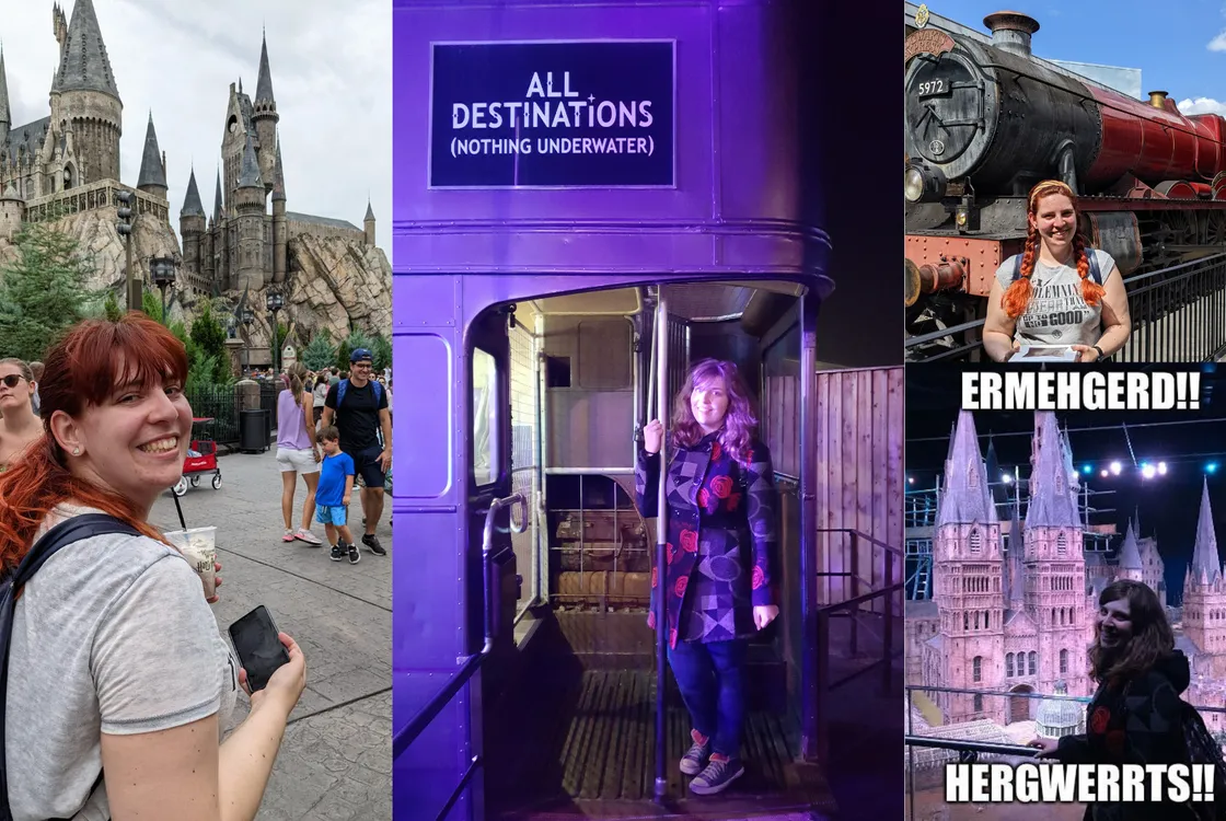 4 photos of Rachel at Hogwarts. 1 in front of Hogwarts in Orlando Florida, 1 on the Knight Bus at the Warner Bros Studio in Leavesden, 1 with the Hogwarts Express in Orlando Florida and 1 in front of the Hogwarts model at Leavesden with the words ‘ERMEHGERD!! HERGWERRTS!!'