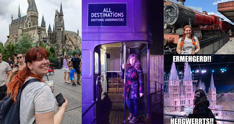 4 photos of Rachel at Hogwarts. 1 in front of Hogwarts in Orlando Florida, 1 on the Knight Bus at the Warner Bros Studio in Leavesden, 1 with the Hogwarts Express in Orlando Florida and 1 in front of the Hogwarts model at Leavesden with the words ‘ERMEHGERD!! HERGWERRTS!!'
