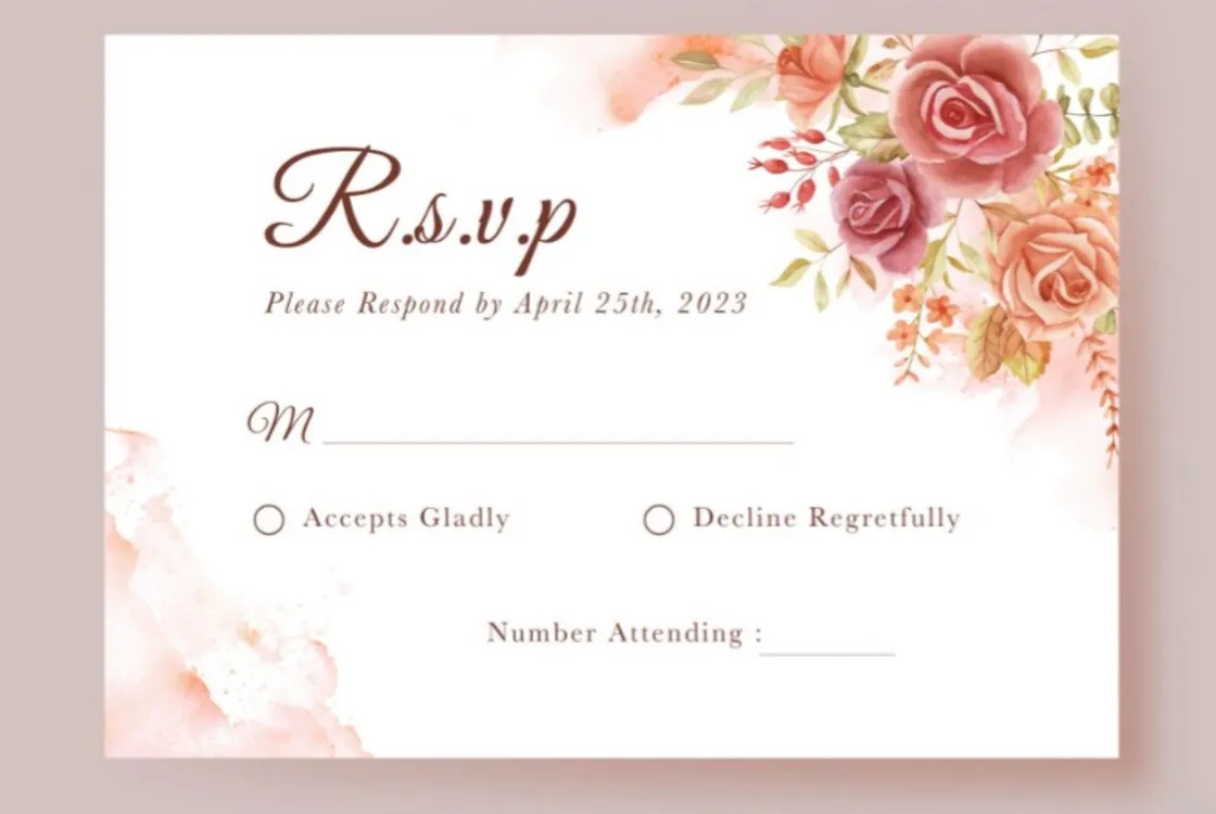 A RSVP card showing options to accept or decline. There is some floral decoration in the top right.