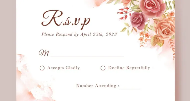 A RSVP card showing options to accept or decline. There is some floral decoration in the top right.