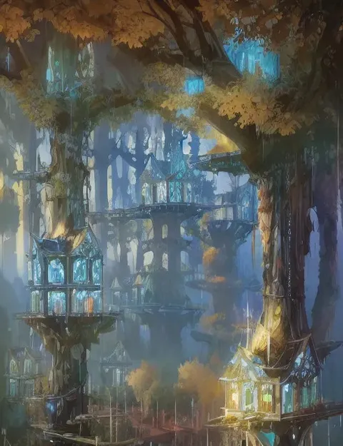A forest of trees that have houses in, depicting Lothlorien