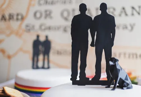 A wedding cake with figurines of the couple and their guide dog