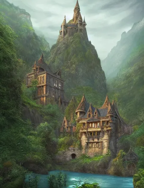 A castle like structure stands on top a mountain with similar structures repeating down the valley, depicting Rivendell