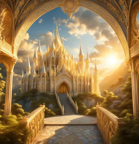 A majestic hall in the sun, depicting Valinor
